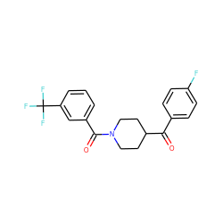 O=C(c1ccc(F)cc1)C1CCN(C(=O)c2cccc(C(F)(F)F)c2)CC1 ZINC000049589058