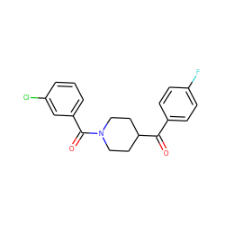 O=C(c1ccc(F)cc1)C1CCN(C(=O)c2cccc(Cl)c2)CC1 ZINC000049700653