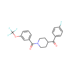 O=C(c1ccc(F)cc1)C1CCN(C(=O)c2cccc(OC(F)(F)F)c2)CC1 ZINC000003948367