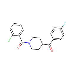 O=C(c1ccc(F)cc1)C1CCN(C(=O)c2ccccc2Cl)CC1 ZINC000049700652