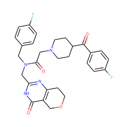 O=C(c1ccc(F)cc1)C1CCN(CC(=O)N(Cc2ccc(F)cc2)Cc2nc3c(c(=O)[nH]2)COCC3)CC1 ZINC000208807845