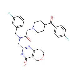 O=C(c1ccc(F)cc1)C1CCN(CC(=O)N(Cc2cccc(F)c2)Cc2nc3c(c(=O)[nH]2)COCC3)CC1 ZINC000208832137