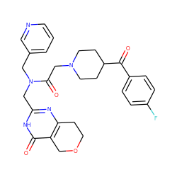 O=C(c1ccc(F)cc1)C1CCN(CC(=O)N(Cc2cccnc2)Cc2nc3c(c(=O)[nH]2)COCC3)CC1 ZINC000208819568