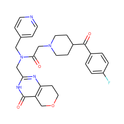 O=C(c1ccc(F)cc1)C1CCN(CC(=O)N(Cc2ccncc2)Cc2nc3c(c(=O)[nH]2)COCC3)CC1 ZINC000208818132