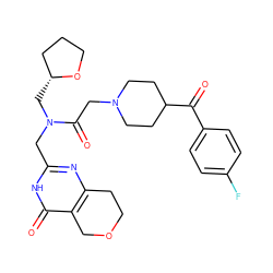 O=C(c1ccc(F)cc1)C1CCN(CC(=O)N(Cc2nc3c(c(=O)[nH]2)COCC3)C[C@@H]2CCCO2)CC1 ZINC000208778883