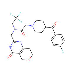 O=C(c1ccc(F)cc1)C1CCN(CC(=O)N(Cc2nc3c(c(=O)[nH]2)COCC3)CC(F)(F)F)CC1 ZINC000208811742