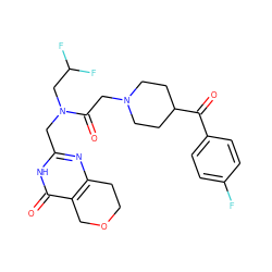 O=C(c1ccc(F)cc1)C1CCN(CC(=O)N(Cc2nc3c(c(=O)[nH]2)COCC3)CC(F)F)CC1 ZINC000205698834