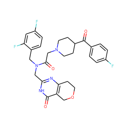 O=C(c1ccc(F)cc1)C1CCN(CC(=O)N(Cc2nc3c(c(=O)[nH]2)COCC3)Cc2ccc(F)cc2F)CC1 ZINC000208812189