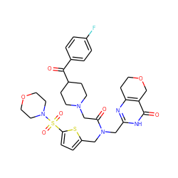 O=C(c1ccc(F)cc1)C1CCN(CC(=O)N(Cc2nc3c(c(=O)[nH]2)COCC3)Cc2ccc(S(=O)(=O)N3CCOCC3)s2)CC1 ZINC000208828209