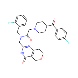 O=C(c1ccc(F)cc1)C1CCN(CC(=O)N(Cc2nc3c(c(=O)[nH]2)COCC3)Cc2ccccc2F)CC1 ZINC000208764783