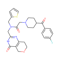 O=C(c1ccc(F)cc1)C1CCN(CC(=O)N(Cc2nc3c(c(=O)[nH]2)COCC3)Cc2cccs2)CC1 ZINC000096283570