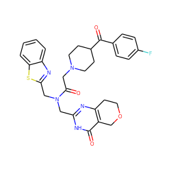 O=C(c1ccc(F)cc1)C1CCN(CC(=O)N(Cc2nc3c(c(=O)[nH]2)COCC3)Cc2nc3ccccc3s2)CC1 ZINC000208820539