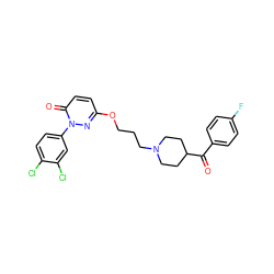 O=C(c1ccc(F)cc1)C1CCN(CCCOc2ccc(=O)n(-c3ccc(Cl)c(Cl)c3)n2)CC1 ZINC001772593558