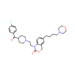 O=C(c1ccc(F)cc1)C1CCN(CCN2C(=O)OCc3cc(CCCCN4CCOCC4)ccc32)CC1 ZINC000026575960