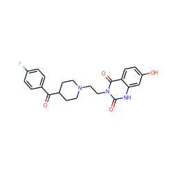 O=C(c1ccc(F)cc1)C1CCN(CCn2c(=O)[nH]c3cc(O)ccc3c2=O)CC1 ZINC000029401908