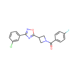 O=C(c1ccc(F)cc1)N1CC(c2nc(-c3cccc(Cl)c3)no2)C1 ZINC000095576638