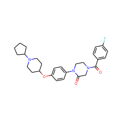 O=C(c1ccc(F)cc1)N1CCN(c2ccc(OC3CCN(C4CCCC4)CC3)cc2)C(=O)C1 ZINC000028870388