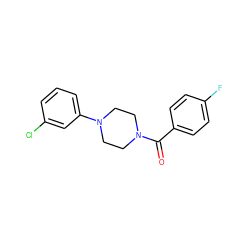 O=C(c1ccc(F)cc1)N1CCN(c2cccc(Cl)c2)CC1 ZINC000000047043