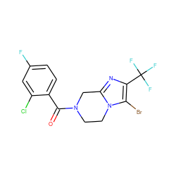 O=C(c1ccc(F)cc1Cl)N1CCn2c(nc(C(F)(F)F)c2Br)C1 ZINC000095565108