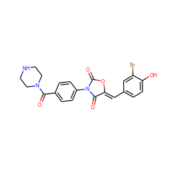 O=C(c1ccc(N2C(=O)O/C(=C\c3ccc(O)c(Br)c3)C2=O)cc1)N1CCNCC1 ZINC000084618299