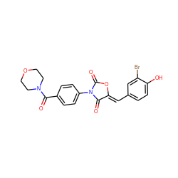 O=C(c1ccc(N2C(=O)O/C(=C\c3ccc(O)c(Br)c3)C2=O)cc1)N1CCOCC1 ZINC000084618302