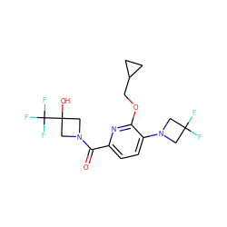 O=C(c1ccc(N2CC(F)(F)C2)c(OCC2CC2)n1)N1CC(O)(C(F)(F)F)C1 ZINC000146294247