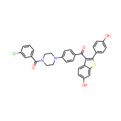 O=C(c1ccc(N2CCN(C(=O)c3cccc(Cl)c3)CC2)cc1)c1c(-c2ccc(O)cc2)sc2cc(O)ccc12 ZINC000028131229