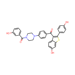 O=C(c1ccc(N2CCN(C(=O)c3cccc(O)c3)CC2)cc1)c1c(-c2ccc(O)cc2)sc2cc(O)ccc12 ZINC000028135277