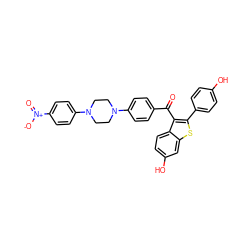 O=C(c1ccc(N2CCN(c3ccc([N+](=O)[O-])cc3)CC2)cc1)c1c(-c2ccc(O)cc2)sc2cc(O)ccc12 ZINC000028121741