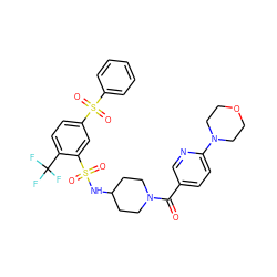 O=C(c1ccc(N2CCOCC2)nc1)N1CCC(NS(=O)(=O)c2cc(S(=O)(=O)c3ccccc3)ccc2C(F)(F)F)CC1 ZINC000049746210