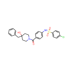 O=C(c1ccc(NS(=O)(=O)c2ccc(Cl)cc2)cc1)N1CCC(O)(Cc2ccccc2)CC1 ZINC000221283591