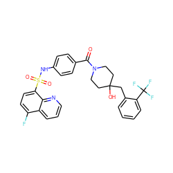 O=C(c1ccc(NS(=O)(=O)c2ccc(F)c3cccnc23)cc1)N1CCC(O)(Cc2ccccc2C(F)(F)F)CC1 ZINC000217633517