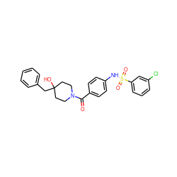 O=C(c1ccc(NS(=O)(=O)c2cccc(Cl)c2)cc1)N1CCC(O)(Cc2ccccc2)CC1 ZINC000221271674