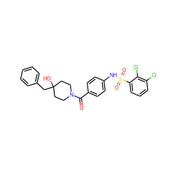 O=C(c1ccc(NS(=O)(=O)c2cccc(Cl)c2Cl)cc1)N1CCC(O)(Cc2ccccc2)CC1 ZINC000220542550