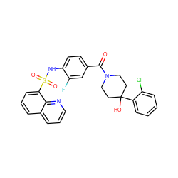 O=C(c1ccc(NS(=O)(=O)c2cccc3cccnc23)c(F)c1)N1CCC(O)(c2ccccc2Cl)CC1 ZINC000217763704