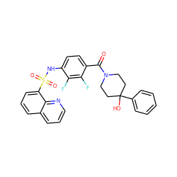 O=C(c1ccc(NS(=O)(=O)c2cccc3cccnc23)c(F)c1F)N1CCC(O)(c2ccccc2)CC1 ZINC000221286122