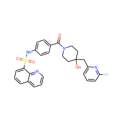 O=C(c1ccc(NS(=O)(=O)c2cccc3cccnc23)cc1)N1CCC(O)(Cc2cccc(F)n2)CC1 ZINC000220603622