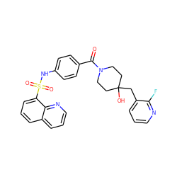 O=C(c1ccc(NS(=O)(=O)c2cccc3cccnc23)cc1)N1CCC(O)(Cc2cccnc2F)CC1 ZINC000217621620