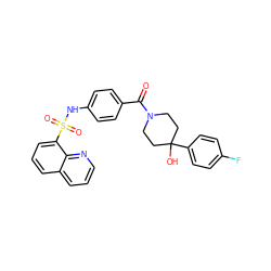 O=C(c1ccc(NS(=O)(=O)c2cccc3cccnc23)cc1)N1CCC(O)(c2ccc(F)cc2)CC1 ZINC000220582392