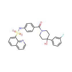 O=C(c1ccc(NS(=O)(=O)c2cccc3cccnc23)cc1)N1CCC(O)(c2cccc(F)c2)CC1 ZINC000224362511