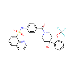 O=C(c1ccc(NS(=O)(=O)c2cccc3cccnc23)cc1)N1CCC(O)(c2ccccc2OC(F)(F)F)CC1 ZINC000220582297