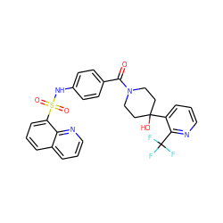 O=C(c1ccc(NS(=O)(=O)c2cccc3cccnc23)cc1)N1CCC(O)(c2cccnc2C(F)(F)F)CC1 ZINC000217622298