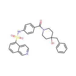 O=C(c1ccc(NS(=O)(=O)c2cccc3cnccc23)cc1)N1CCC(O)(Cc2ccccc2)CC1 ZINC000221272160