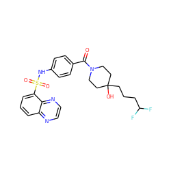 O=C(c1ccc(NS(=O)(=O)c2cccc3nccnc23)cc1)N1CCC(O)(CCCC(F)F)CC1 ZINC000217626276