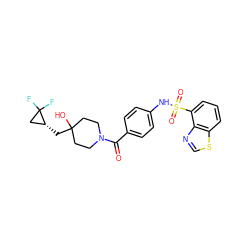 O=C(c1ccc(NS(=O)(=O)c2cccc3scnc23)cc1)N1CCC(O)(C[C@@H]2CC2(F)F)CC1 ZINC000221303238