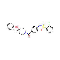 O=C(c1ccc(NS(=O)(=O)c2ccccc2Cl)cc1)N1CCC(O)(Cc2ccccc2)CC1 ZINC000221281371