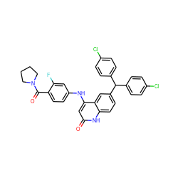 O=C(c1ccc(Nc2cc(=O)[nH]c3ccc(C(c4ccc(Cl)cc4)c4ccc(Cl)cc4)cc23)cc1F)N1CCCC1 ZINC001772598377