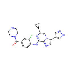 O=C(c1ccc(Nc2nc(C3CC3)cn3c(-c4cn[nH]c4)cnc23)c(Cl)c1)N1CCNCC1 ZINC000072125071