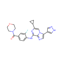 O=C(c1ccc(Nc2nc(C3CC3)cn3c(-c4cn[nH]c4)cnc23)c(F)c1)N1CCOCC1 ZINC000072123502