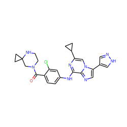 O=C(c1ccc(Nc2nc(C3CC3)cn3c(-c4cn[nH]c4)cnc23)cc1Cl)N1CCNC2(CC2)C1 ZINC000072123023